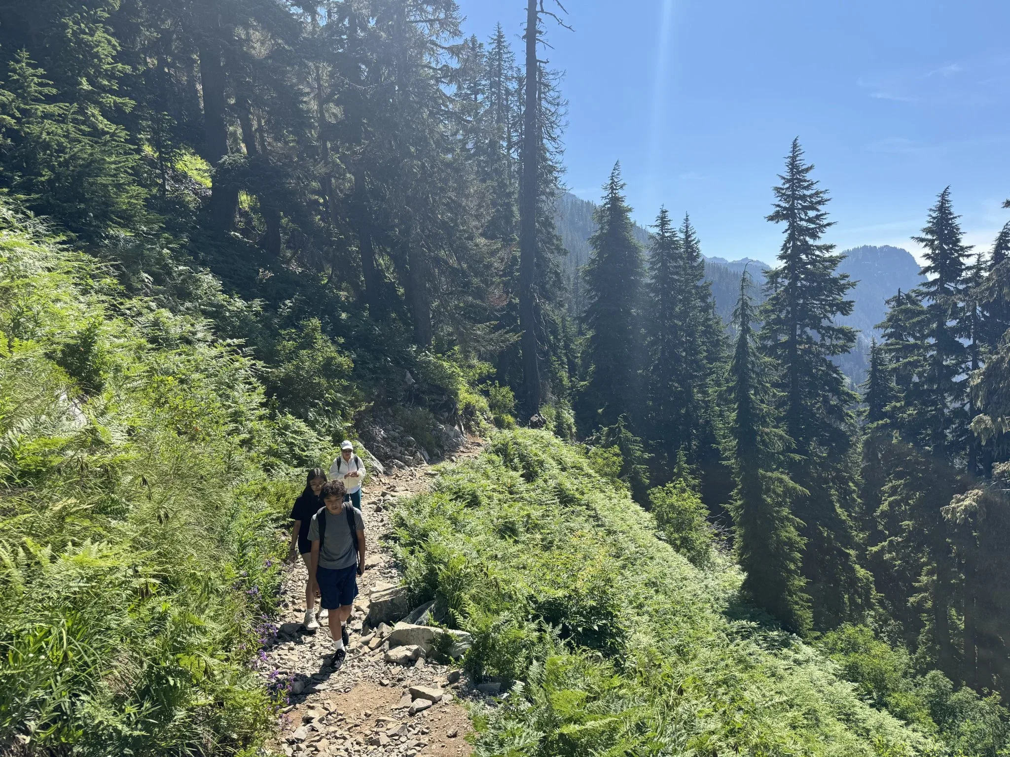 Three hikers going uphill on the Snow Lake trail.