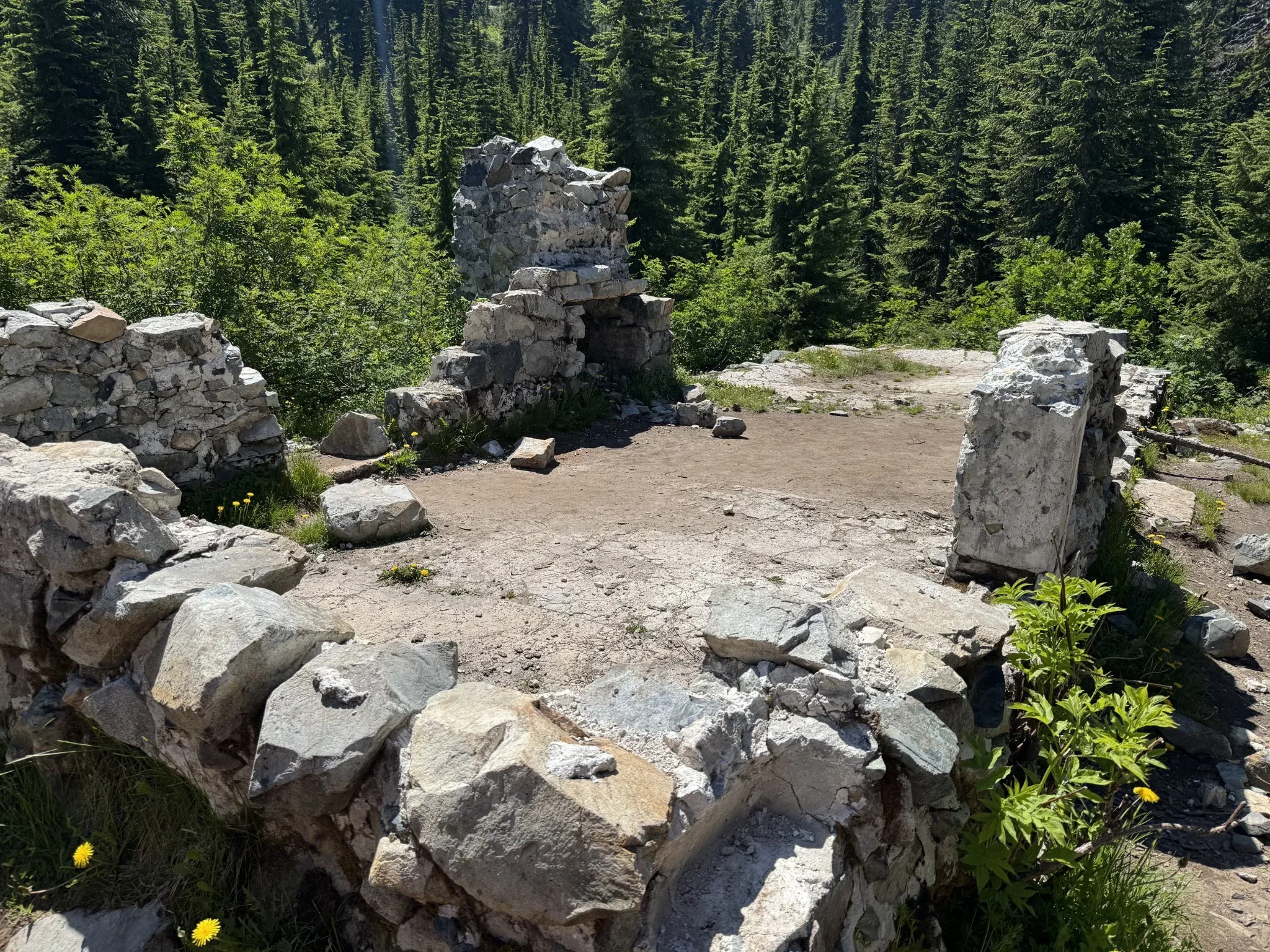 Site of decayed rock walls to a building structure that is nearly gone.