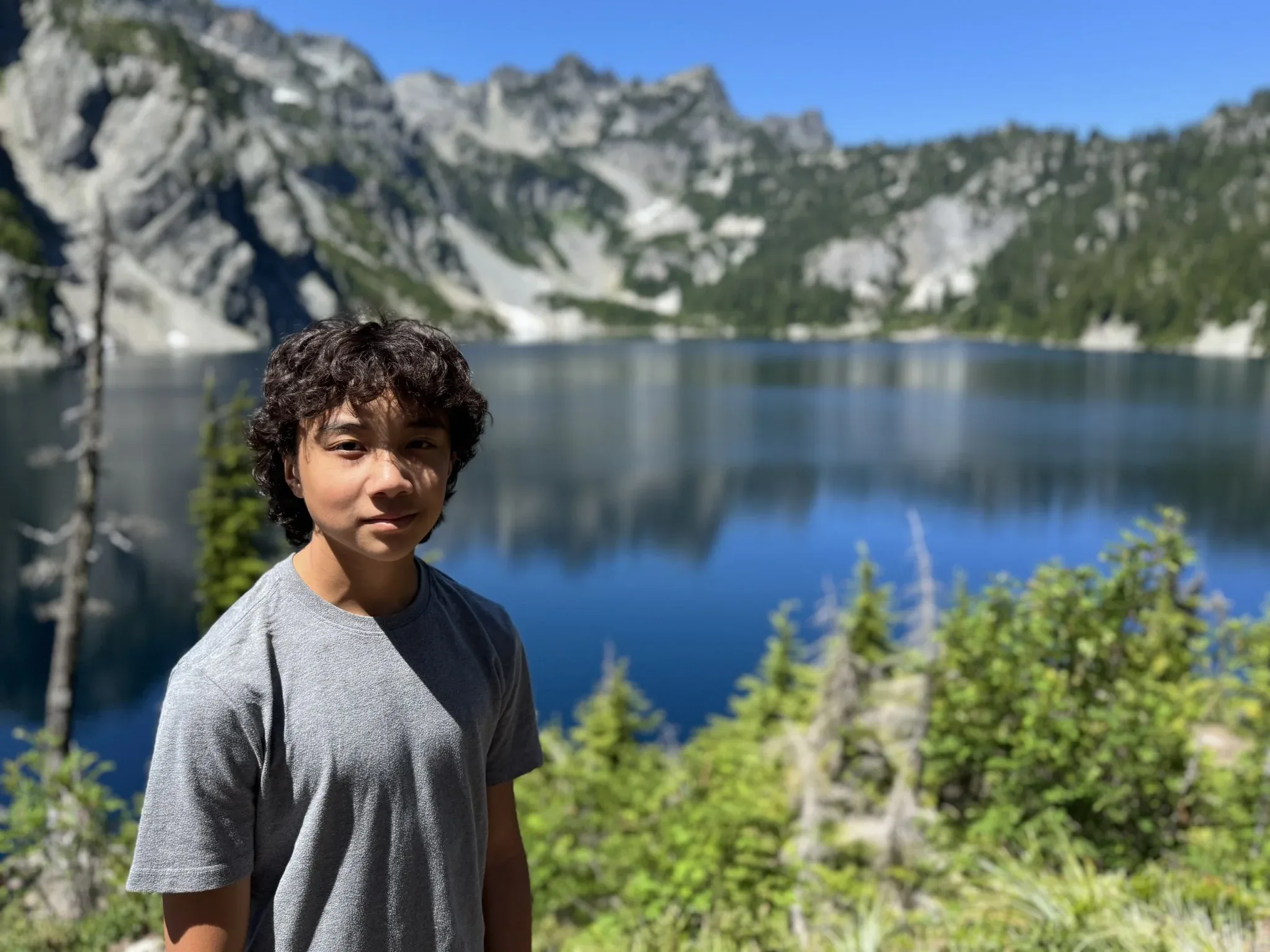 Marcus with the out of focus Snow Lake in the background.